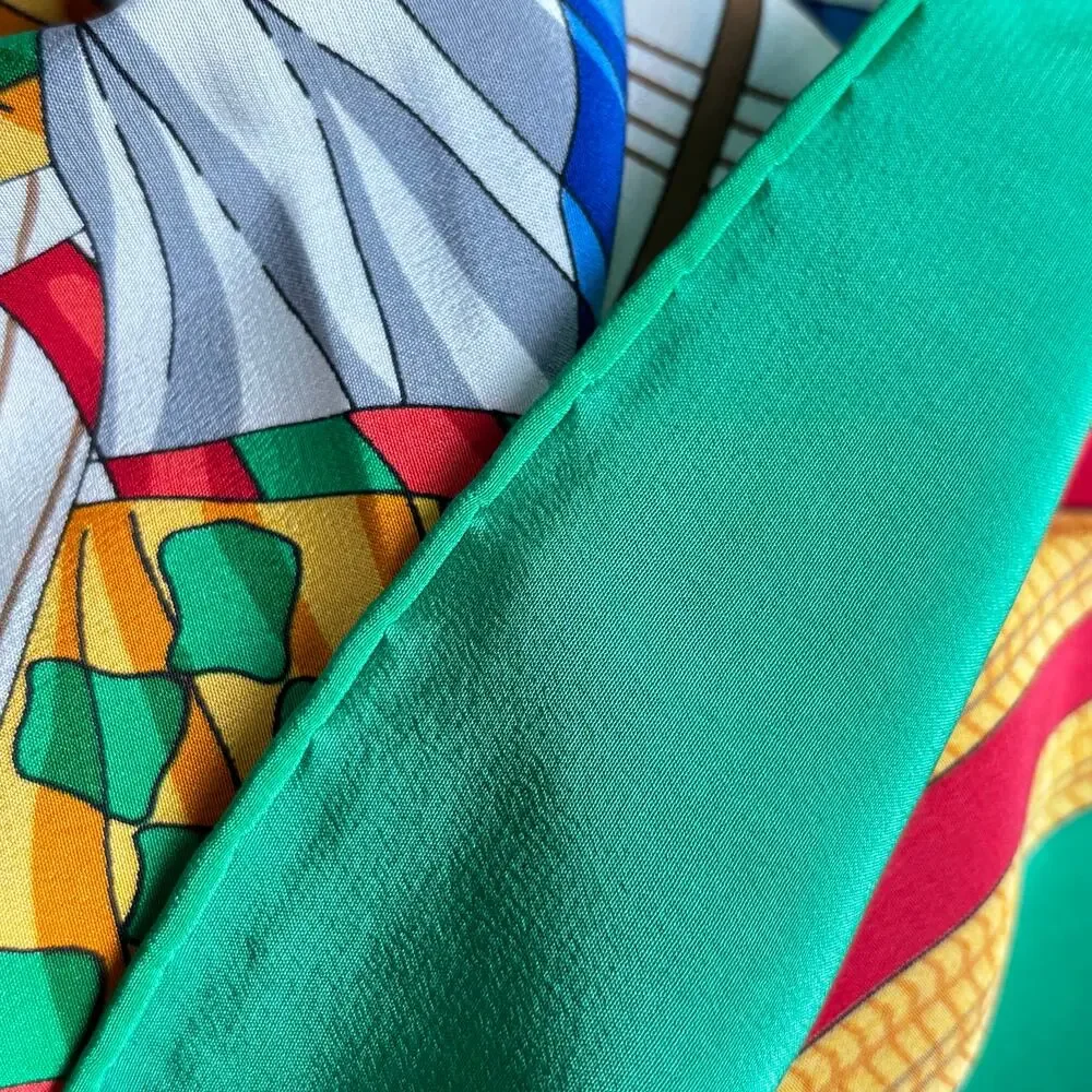 Vintage silky scarf multicolor green white sailing ship flagship motif colorful